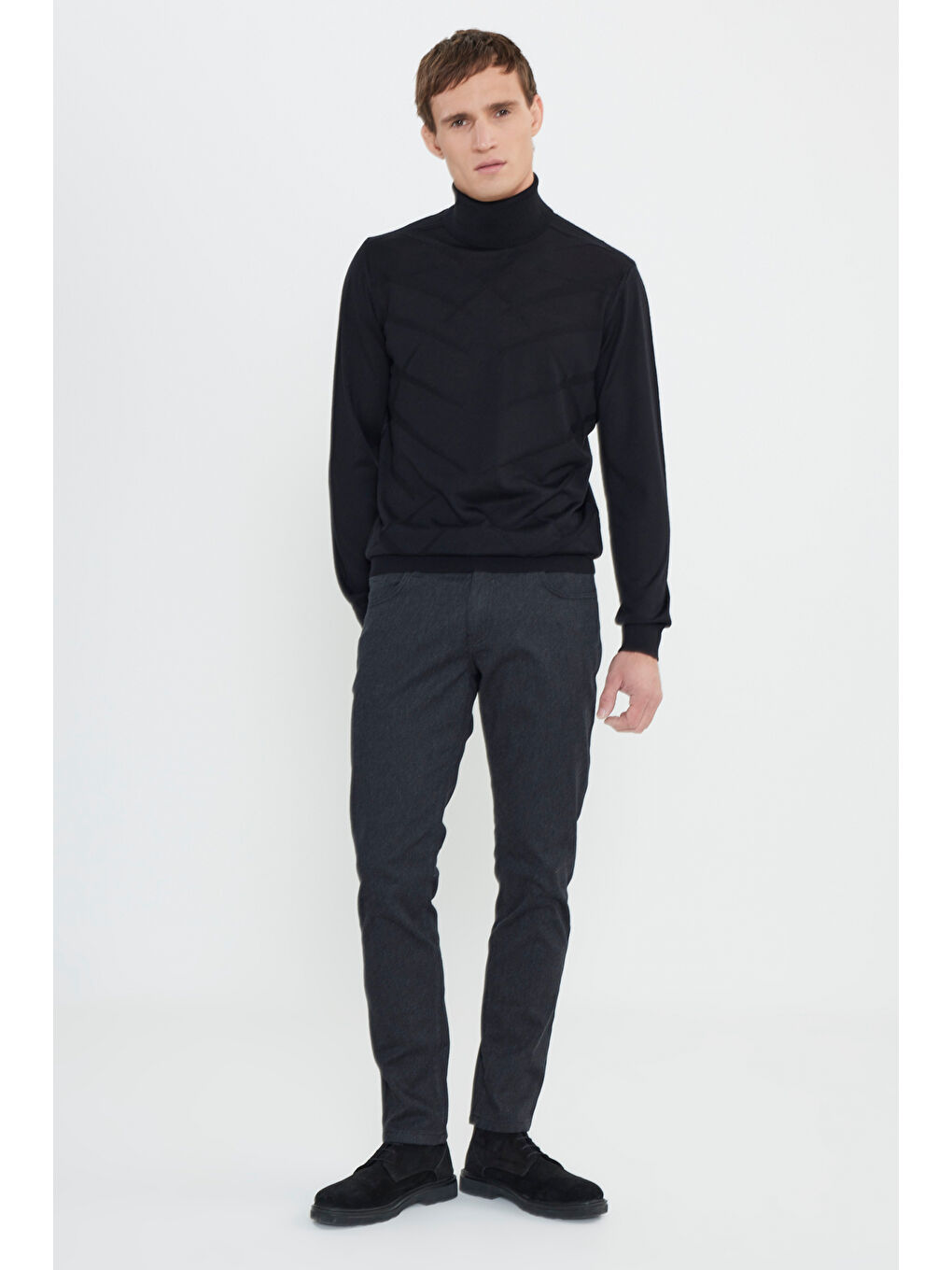 Erkek Siyah Standart Fit Normal Kesim Tam Balıkçı Yaka Triko Kazak-1