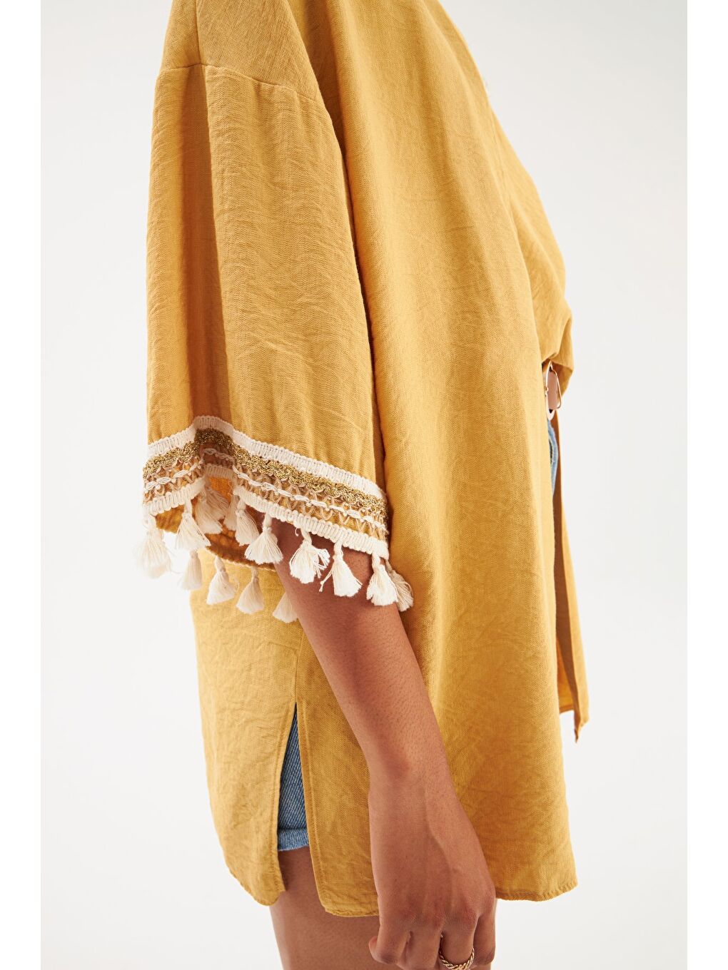 Sarı Kol Detaylı Salaş Keten Kimono - Safran-6