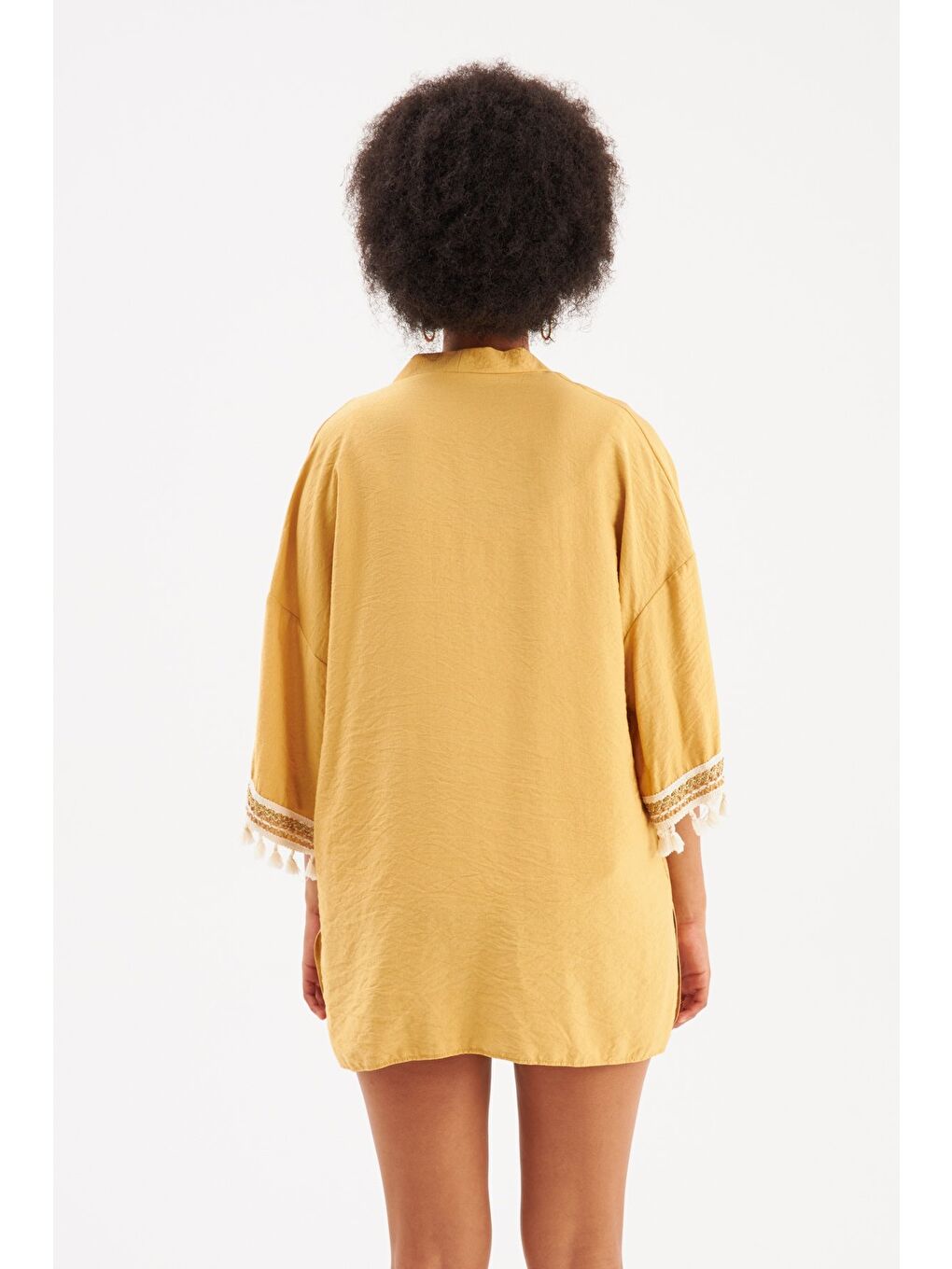 Sarı Kol Detaylı Salaş Keten Kimono - Safran-7