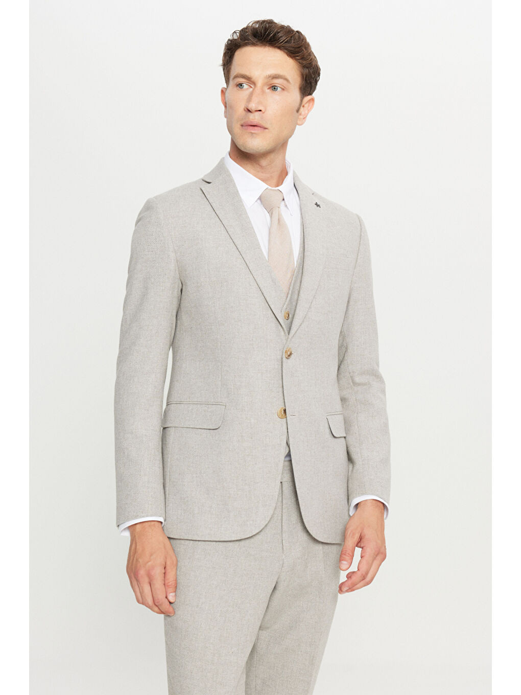 Erkek Bej Yünlü Slim Fit Dar Kesim Mono Yaka Kapak Cepli Yelekli Takım Elbise