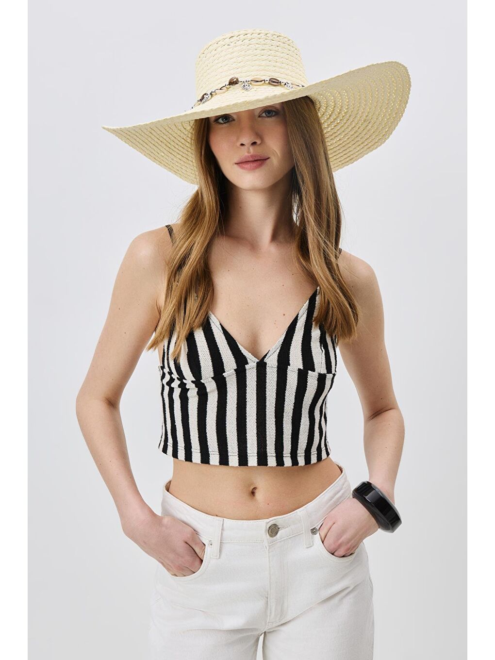 Ekru Geniş Kenar Hasır Plaj Şapkası Y25730-15 Krem