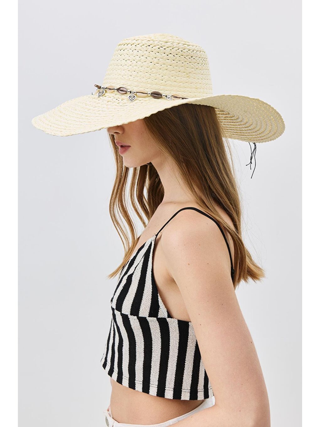 Ekru Geniş Kenar Hasır Plaj Şapkası Y25730-15 Krem-1