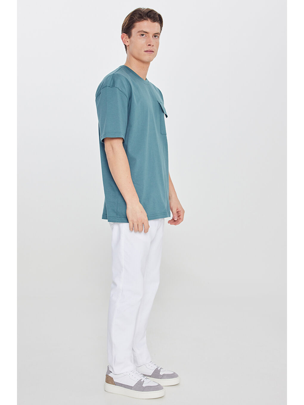 Erkek Petrol Oversize Fit Geniş Kesim Bisiklet Yaka %100 Pamuk Cepli Tişört-1