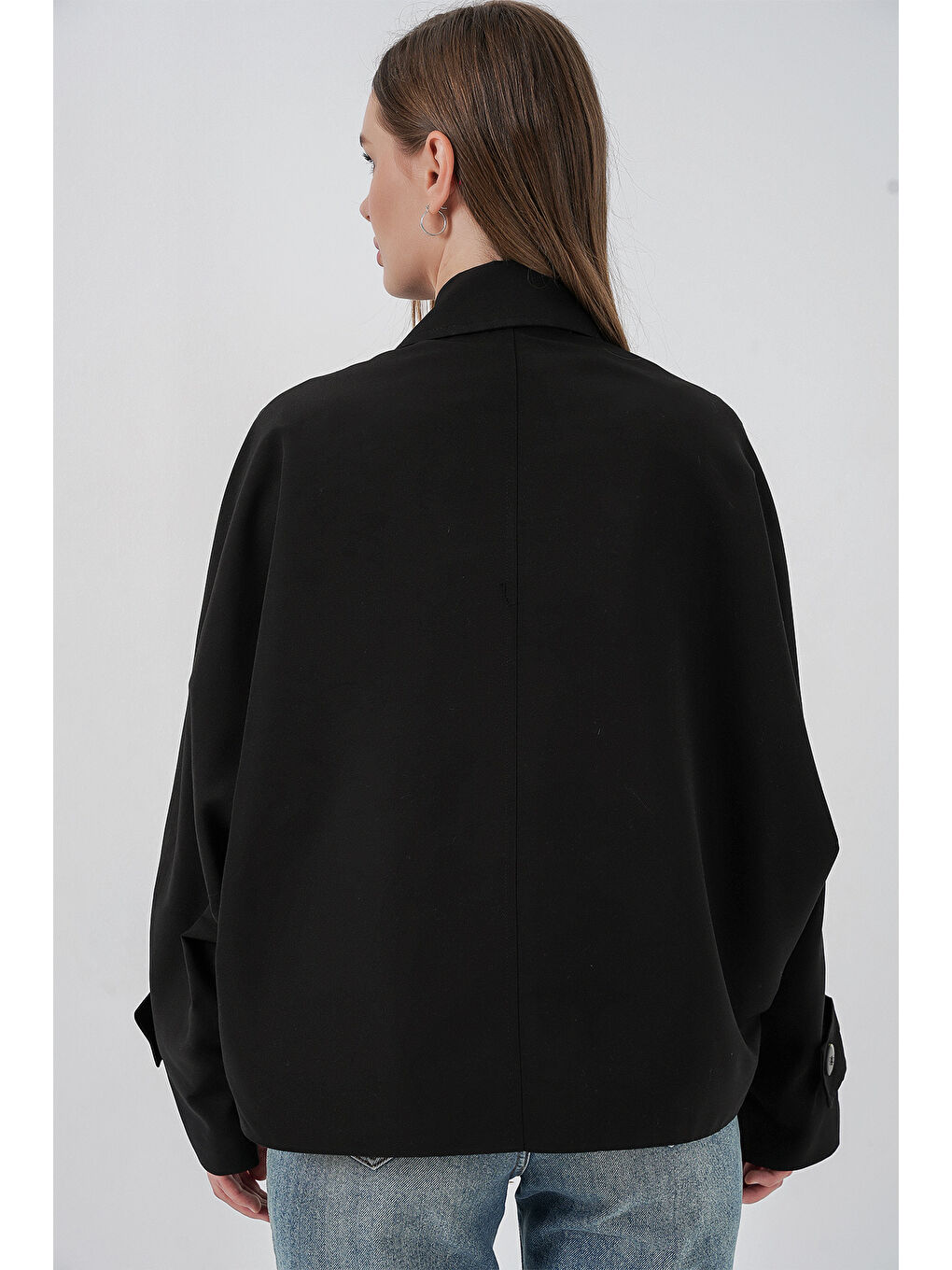 Kadın Oversize Kısa Trençkot 5977 - Siyah-6