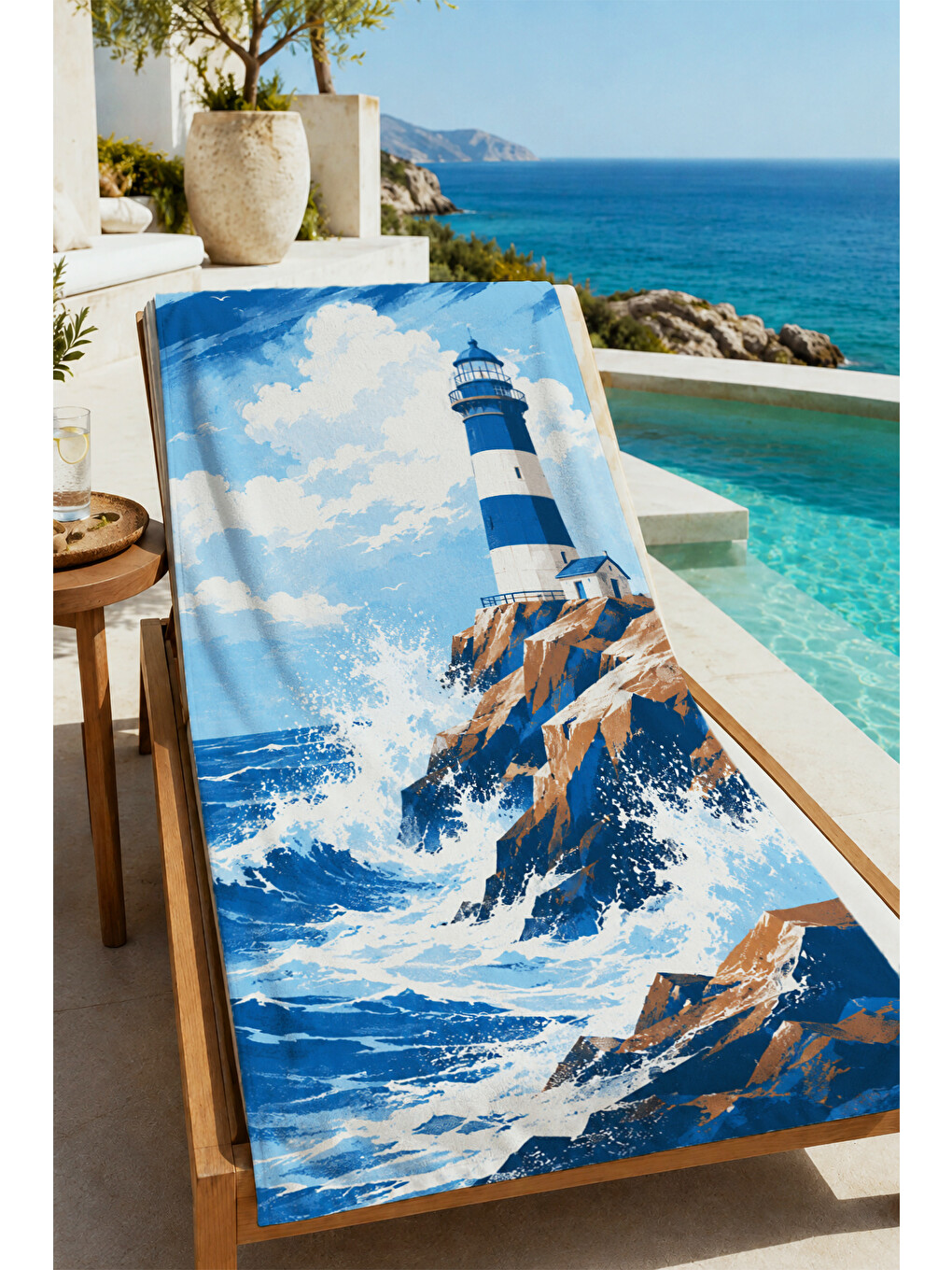 Mavi Dramatik Deniz Feneri Fırtınalı Okyanus Dalga Desenli 70x150 Plaj Havlusu - Pamuklu Banyo Havlusu