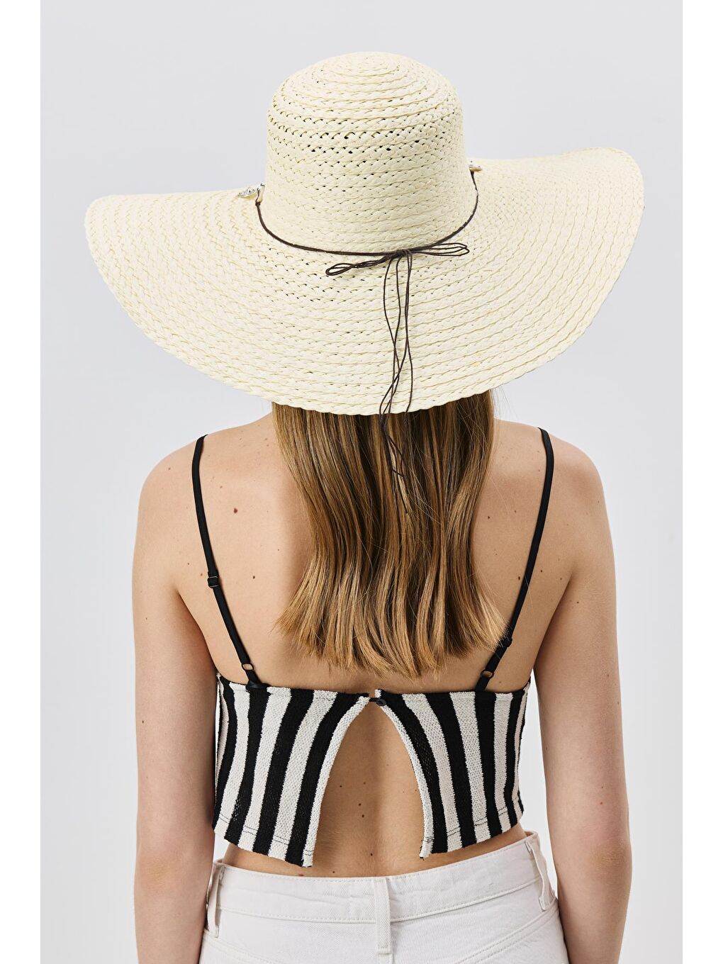 Ekru Geniş Kenar Hasır Plaj Şapkası Y25730-15 Krem-2