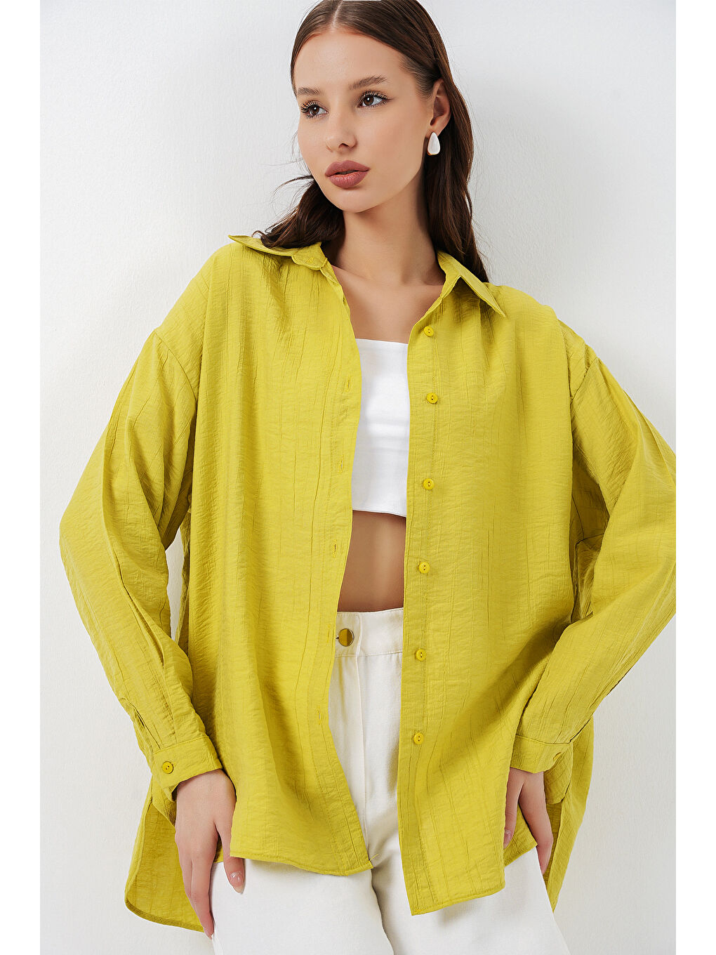Sarı Kadın Uzun Oversize Gömlek 20334 - Hardal-3