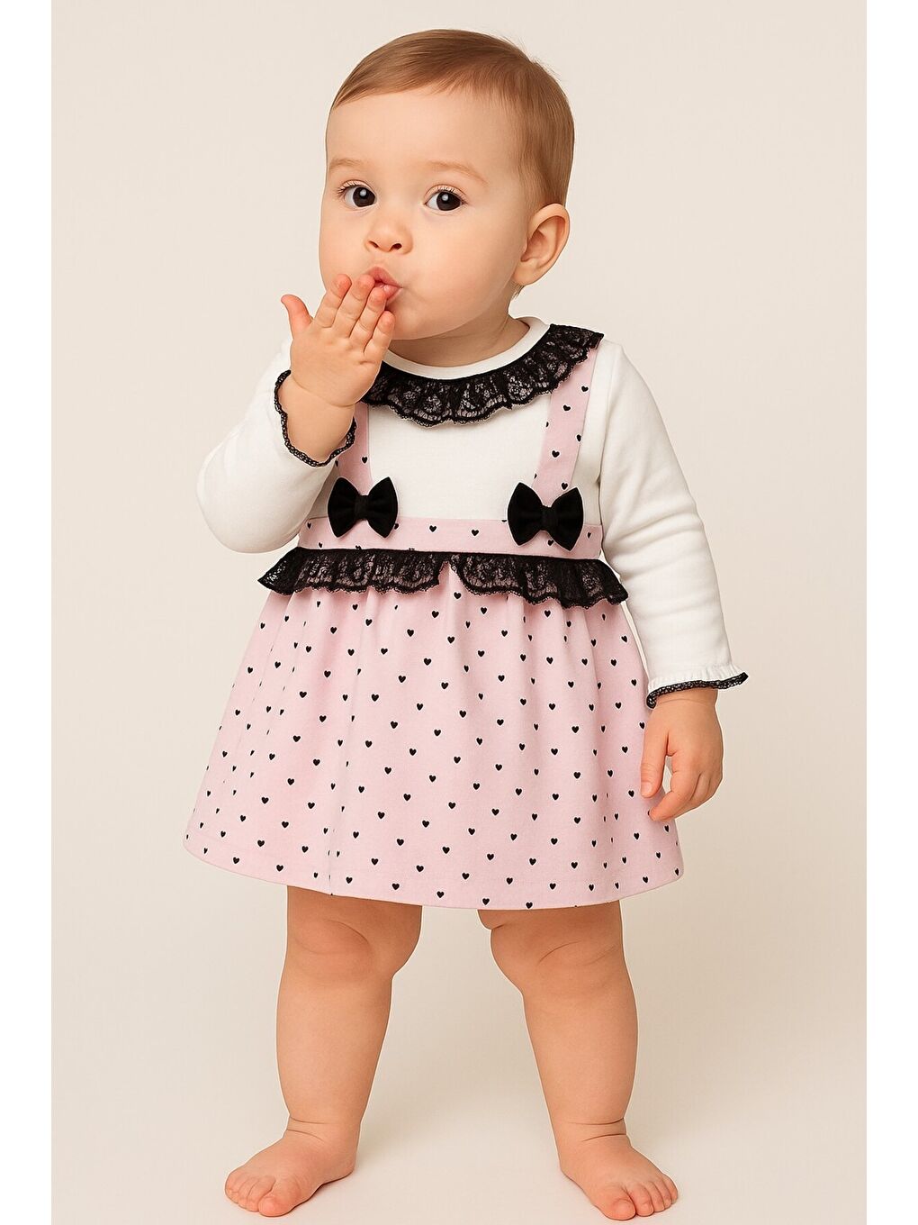 Pembe Kız Bebek Puantiyeli Desenli Dantelli Fiyonklu Askılı Elbise Takım-2