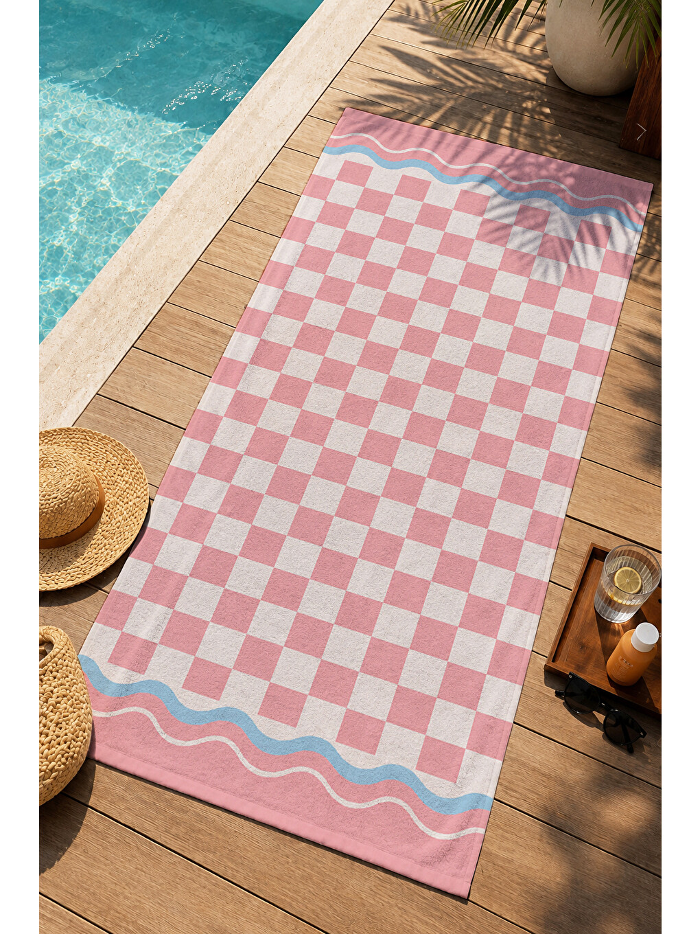 Retro Pembe Beyaz Damalı Kareli Bordürlü Desenli 70x150 Plaj Havlusu - Dijital Baskılı Banyo Havlusu-1