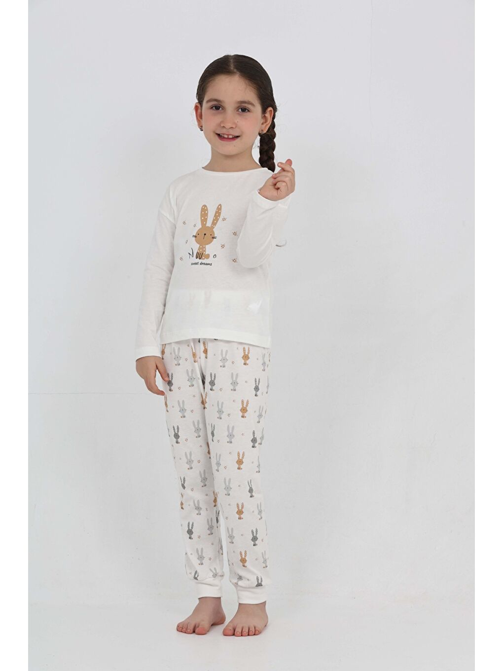 Ekru Kız Çocuk Tavşan Baskılı Pijama Takım-3