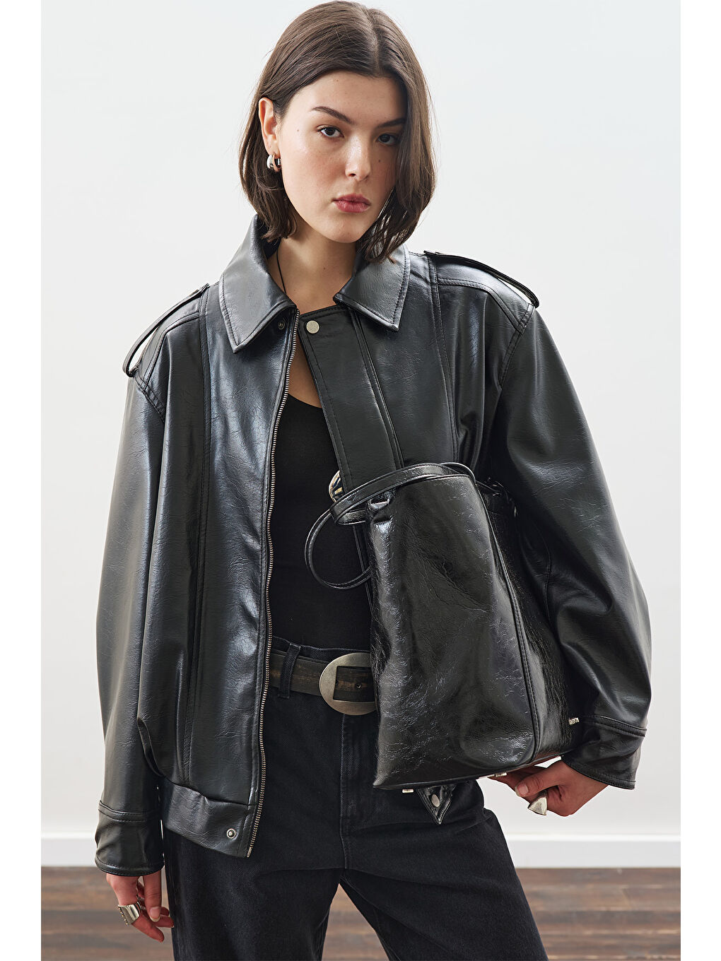 Retro Tarz Oversıze Deri Ceket Siyah-1