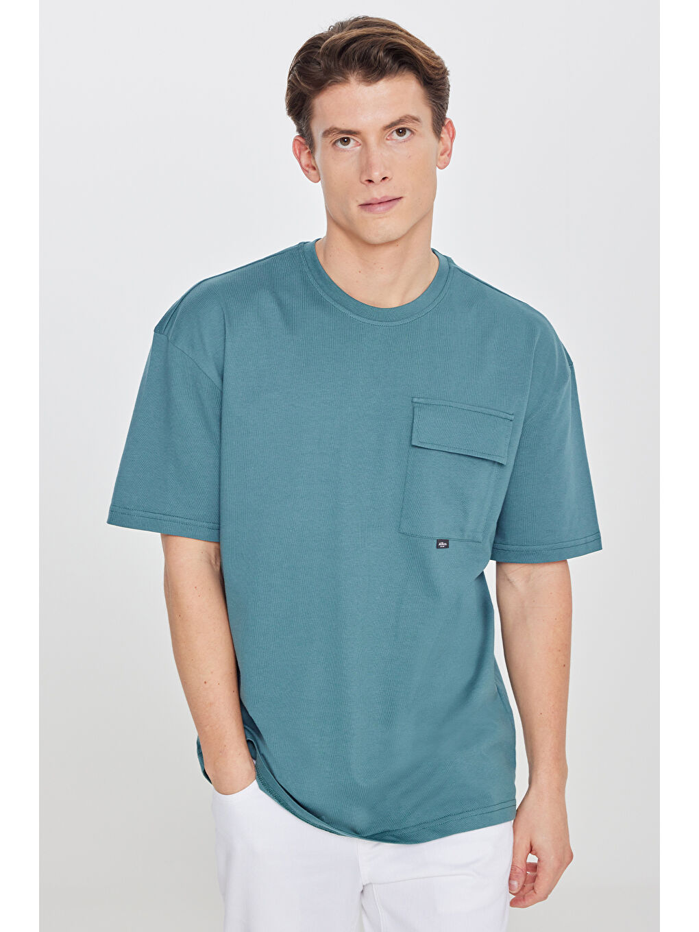 Erkek Petrol Oversize Fit Geniş Kesim Bisiklet Yaka %100 Pamuk Cepli Tişört-2