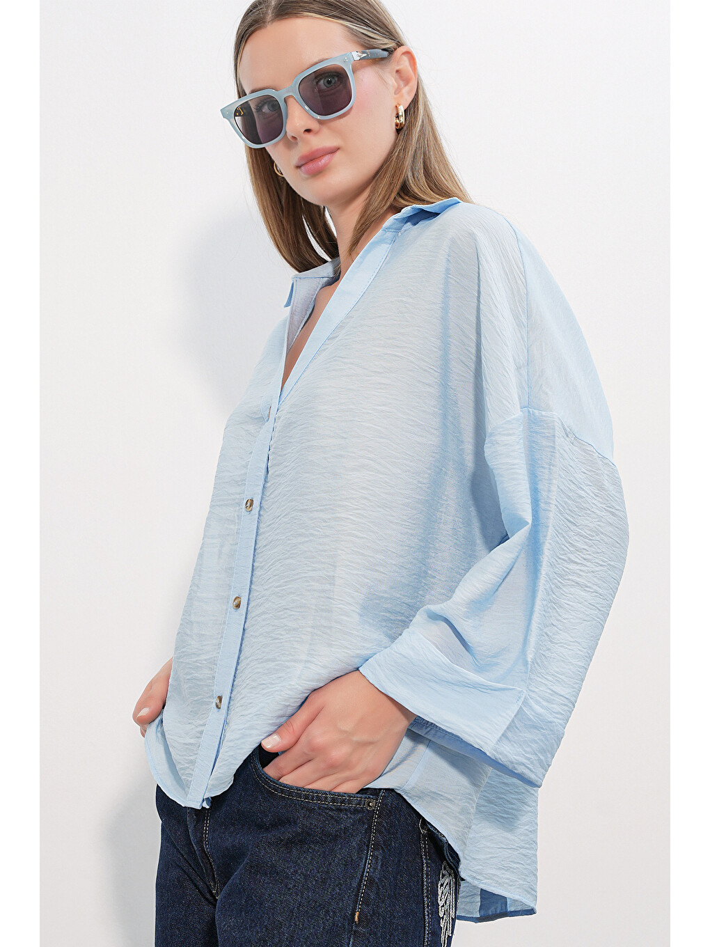 Kadın Geniş Kol Oversize Gömlek 20401 - Mavi-2