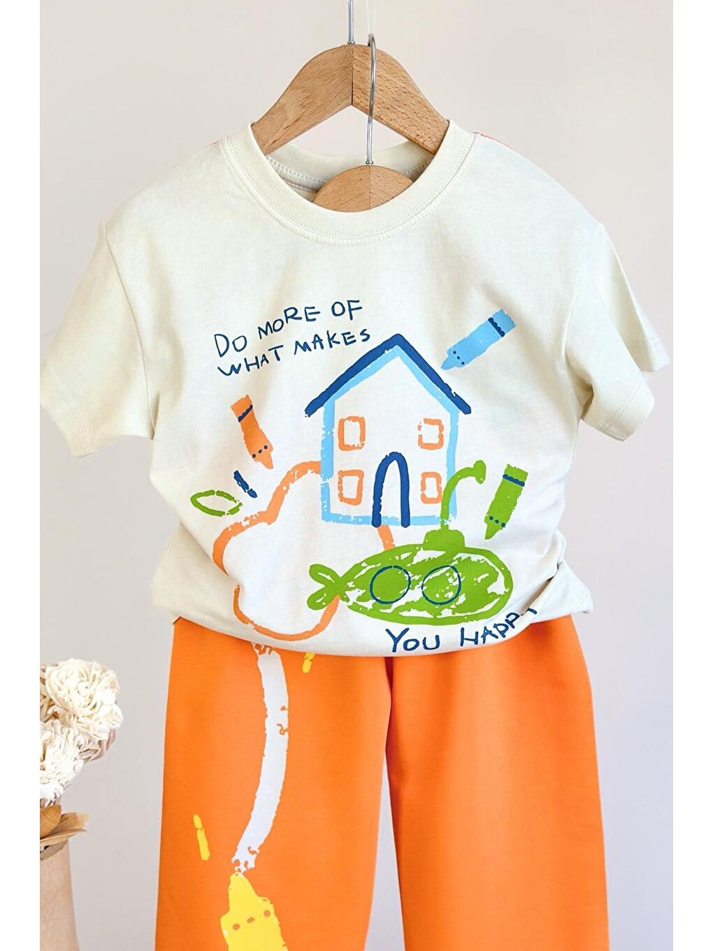 Kız Çocuk Pamuklu Bisiklet Yaka Baskılı Turuncu T-Shirt Ve Eşofman Alt Üst Takım-3