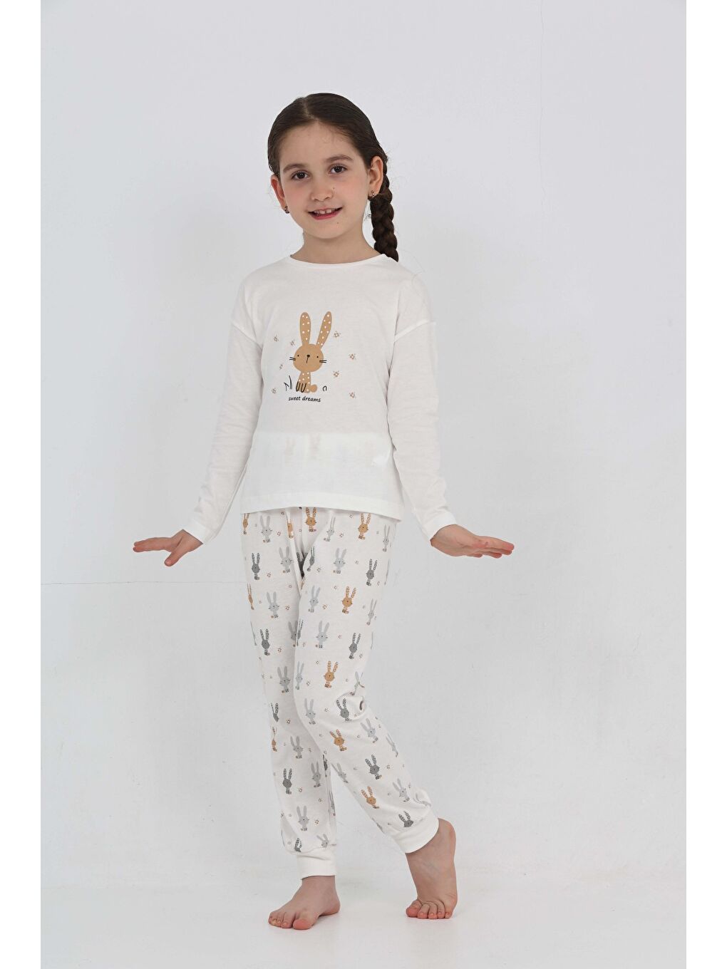 Ekru Kız Çocuk Tavşan Baskılı Pijama Takım-5