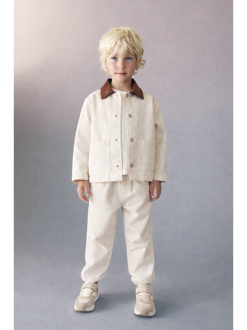 Erkek Çocuk Pamuklu Ekru Ceketli 3 Parça Takım