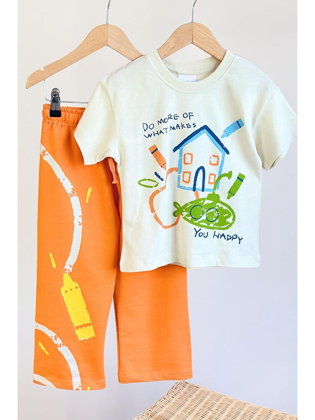 Kız Çocuk Pamuklu Bisiklet Yaka Baskılı Turuncu T-Shirt Ve Eşofman Alt Üst Takım-4