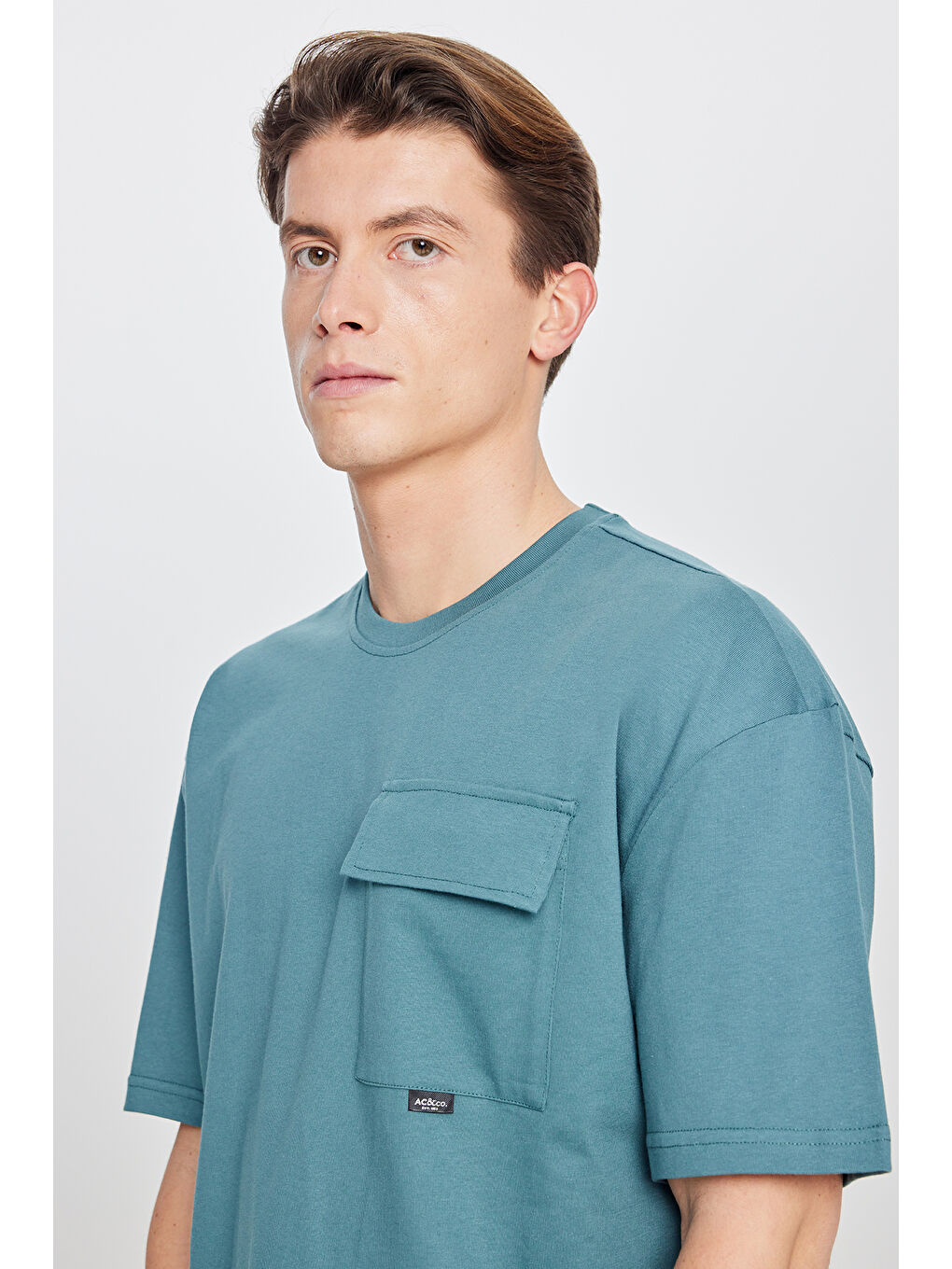 Erkek Petrol Oversize Fit Geniş Kesim Bisiklet Yaka %100 Pamuk Cepli Tişört-3