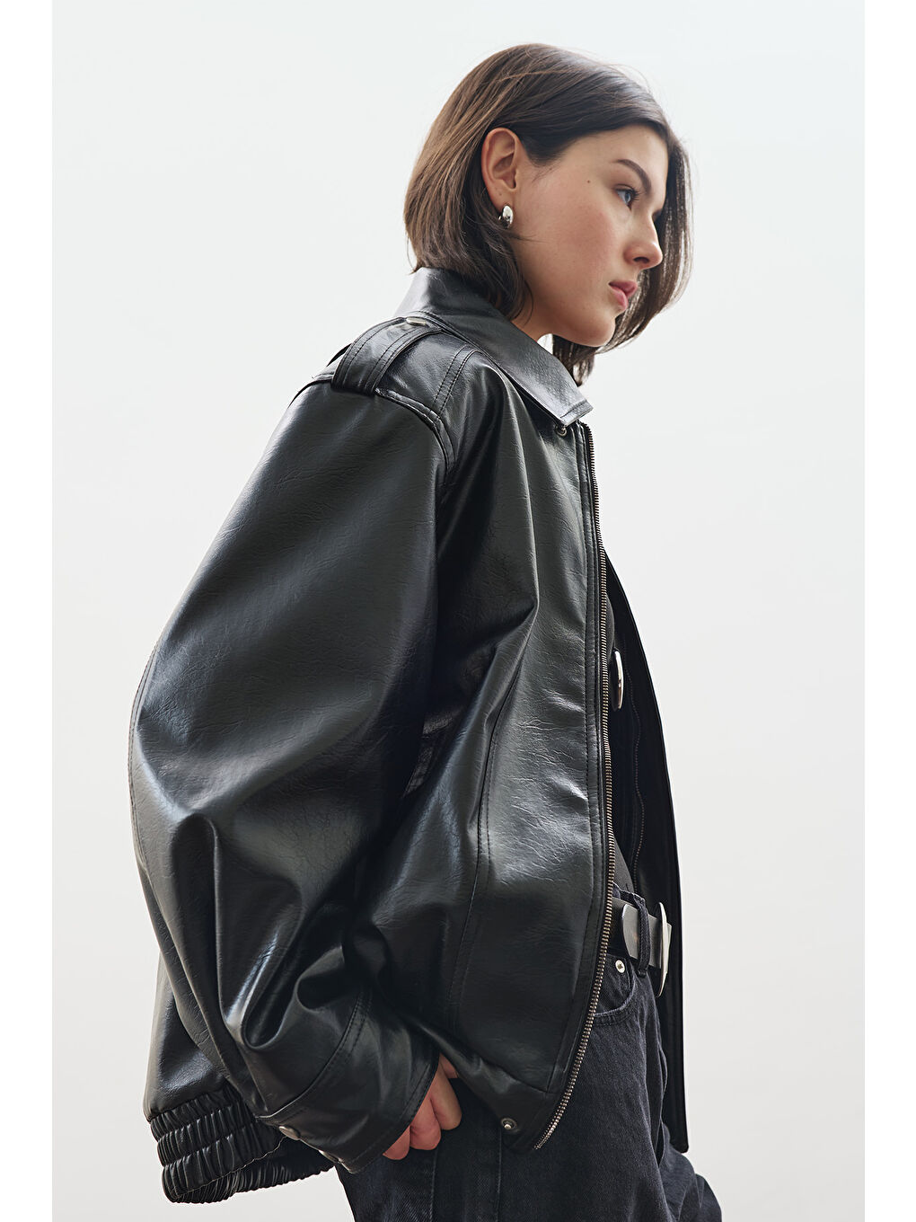 Retro Tarz Oversıze Deri Ceket Siyah-4