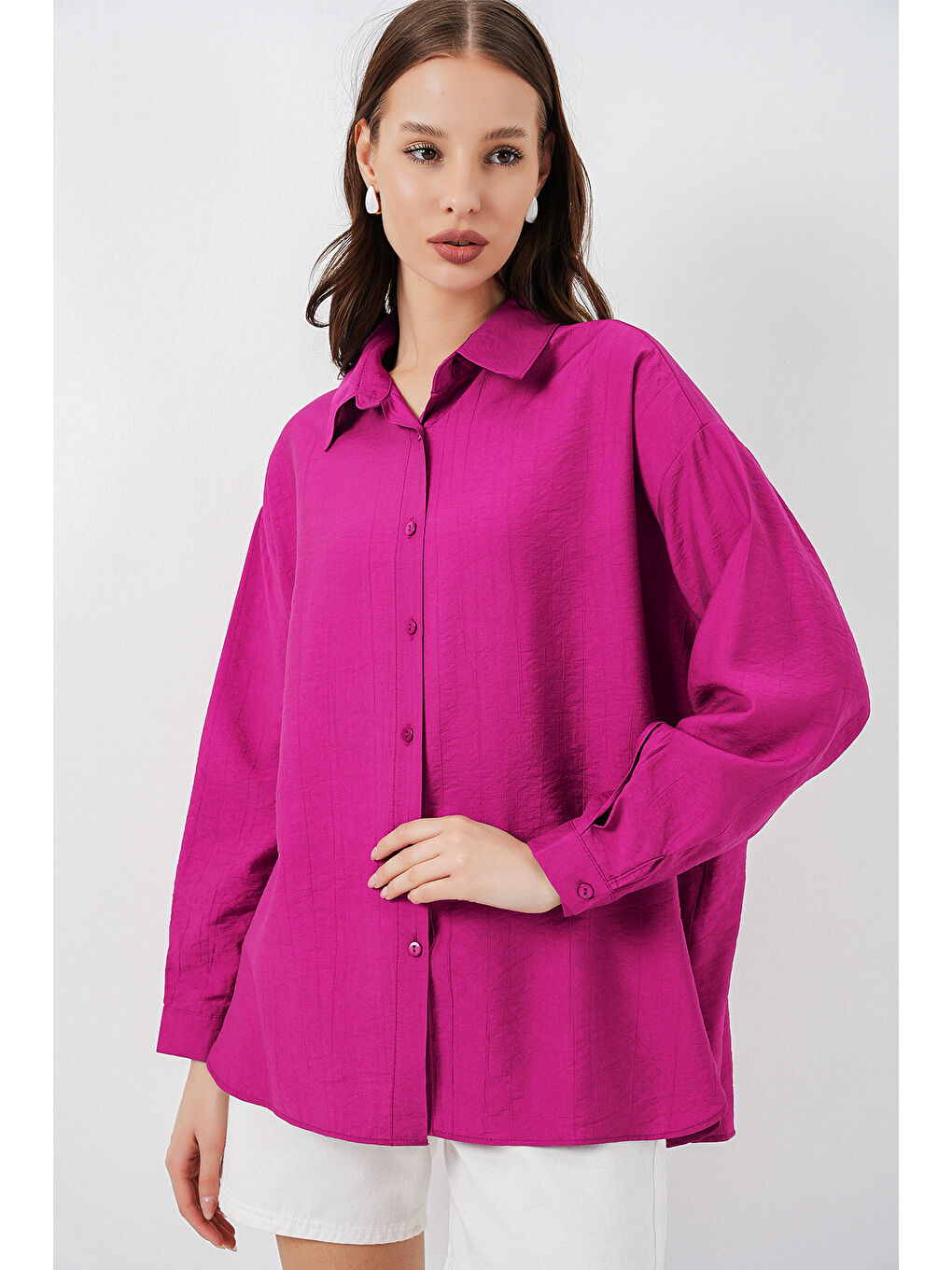 Petrol Kadın Uzun Oversize Gömlek 20334 - Koyu Pembe