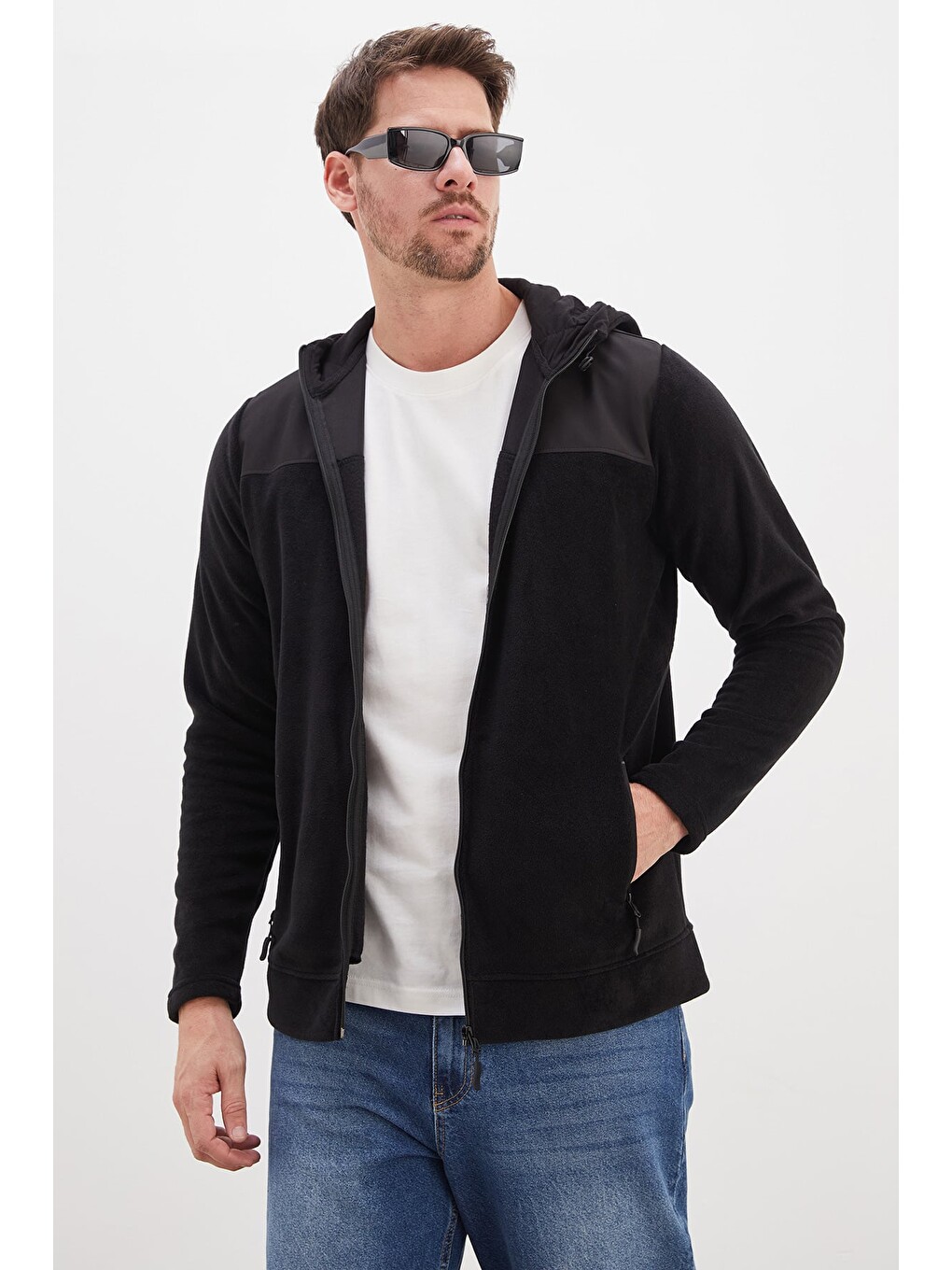 Siyah Fermuarlı Kapüşonlu Polar Sweatshirt