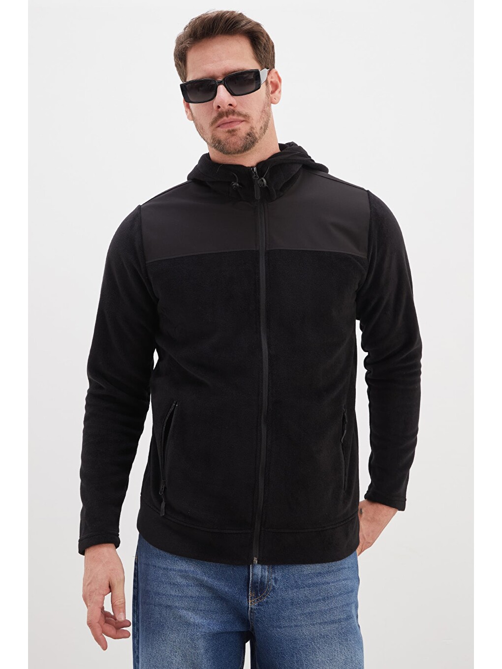 Siyah Fermuarlı Kapüşonlu Polar Sweatshirt-1
