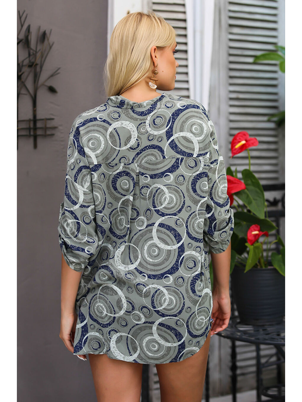 İtalyan Haki 3/4 Kol Geometrik Desenli Tek Cepli Allover Baskılı Örme Gömlek-1