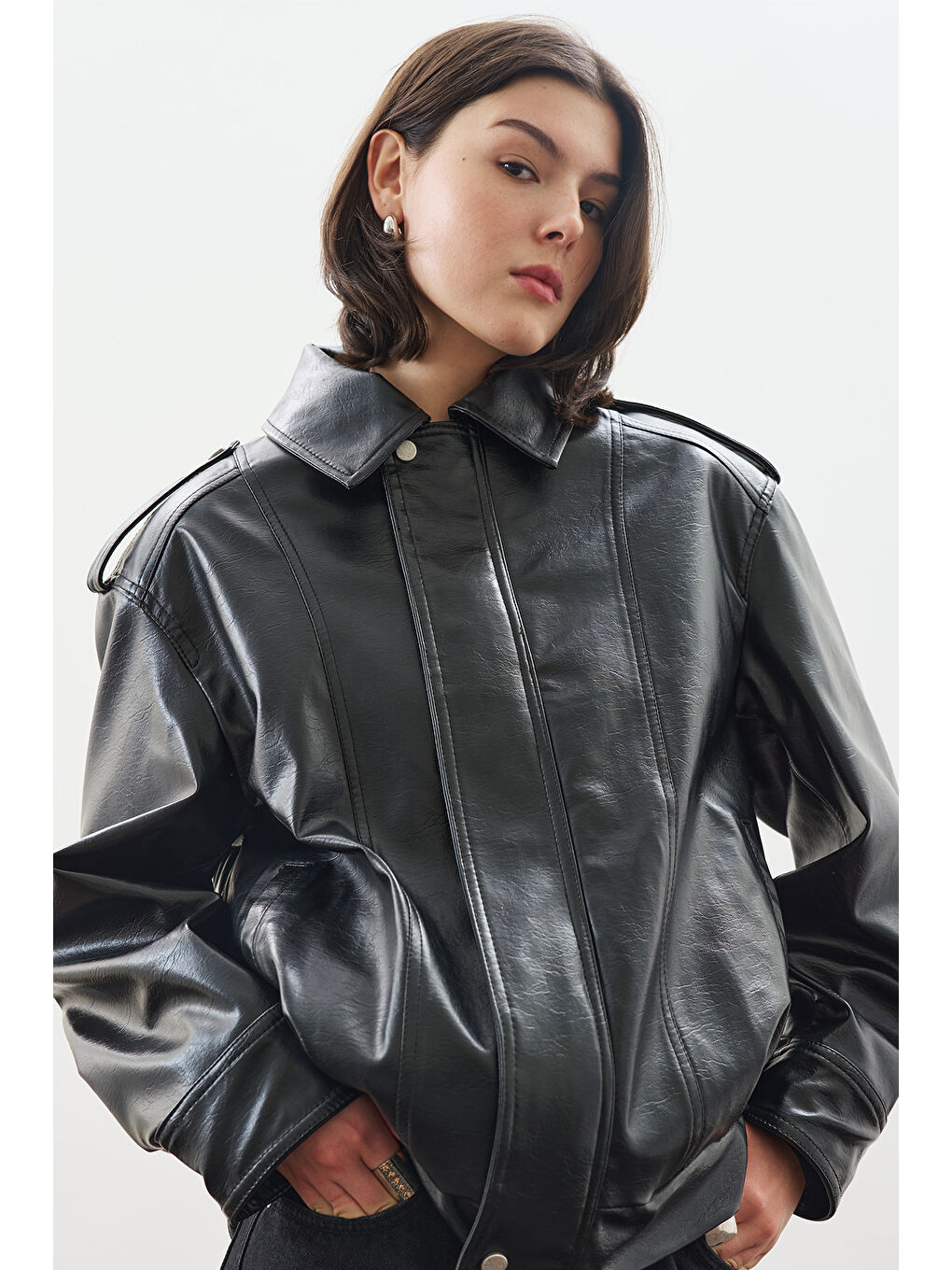 Retro Tarz Oversıze Deri Ceket Siyah-5