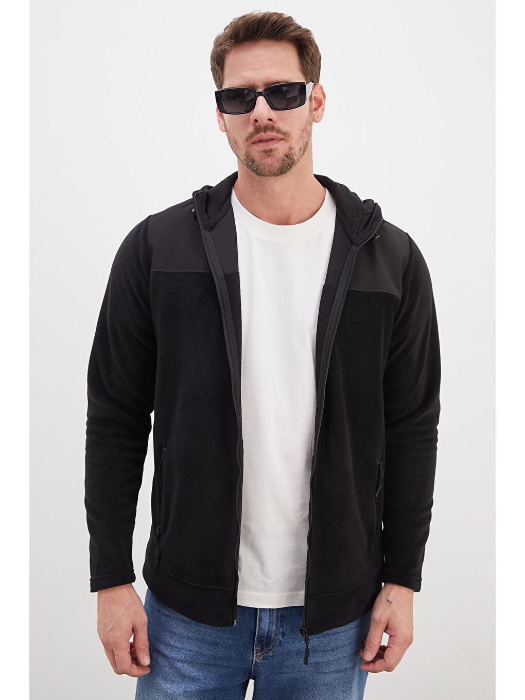 Siyah Fermuarlı Kapüşonlu Polar Sweatshirt-4