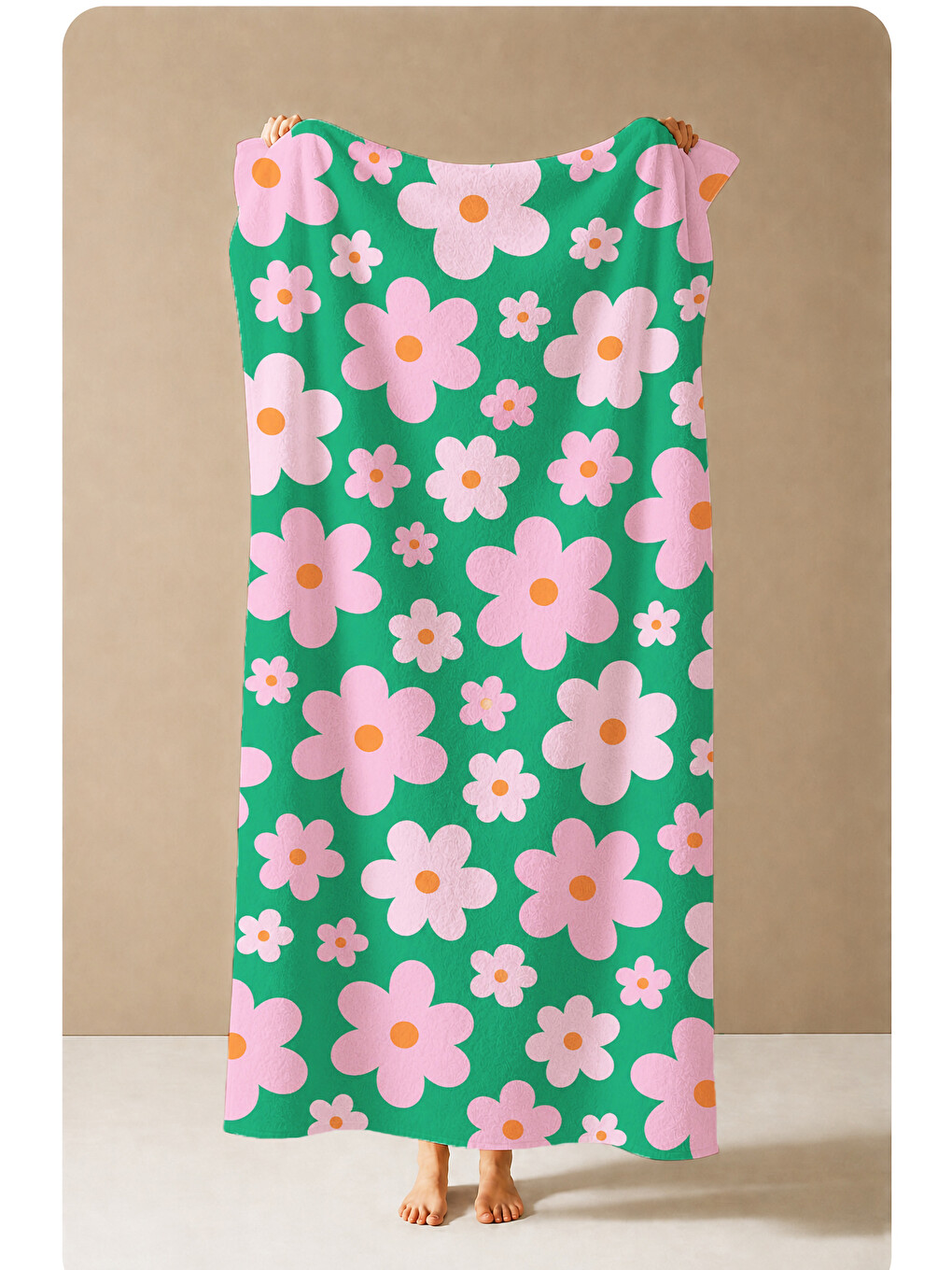 Retro Yeşil Pembe Papatya Desenli 70x150 Plaj Havlusu - Dijital Baskılı Solmaz Banyo Havlusu