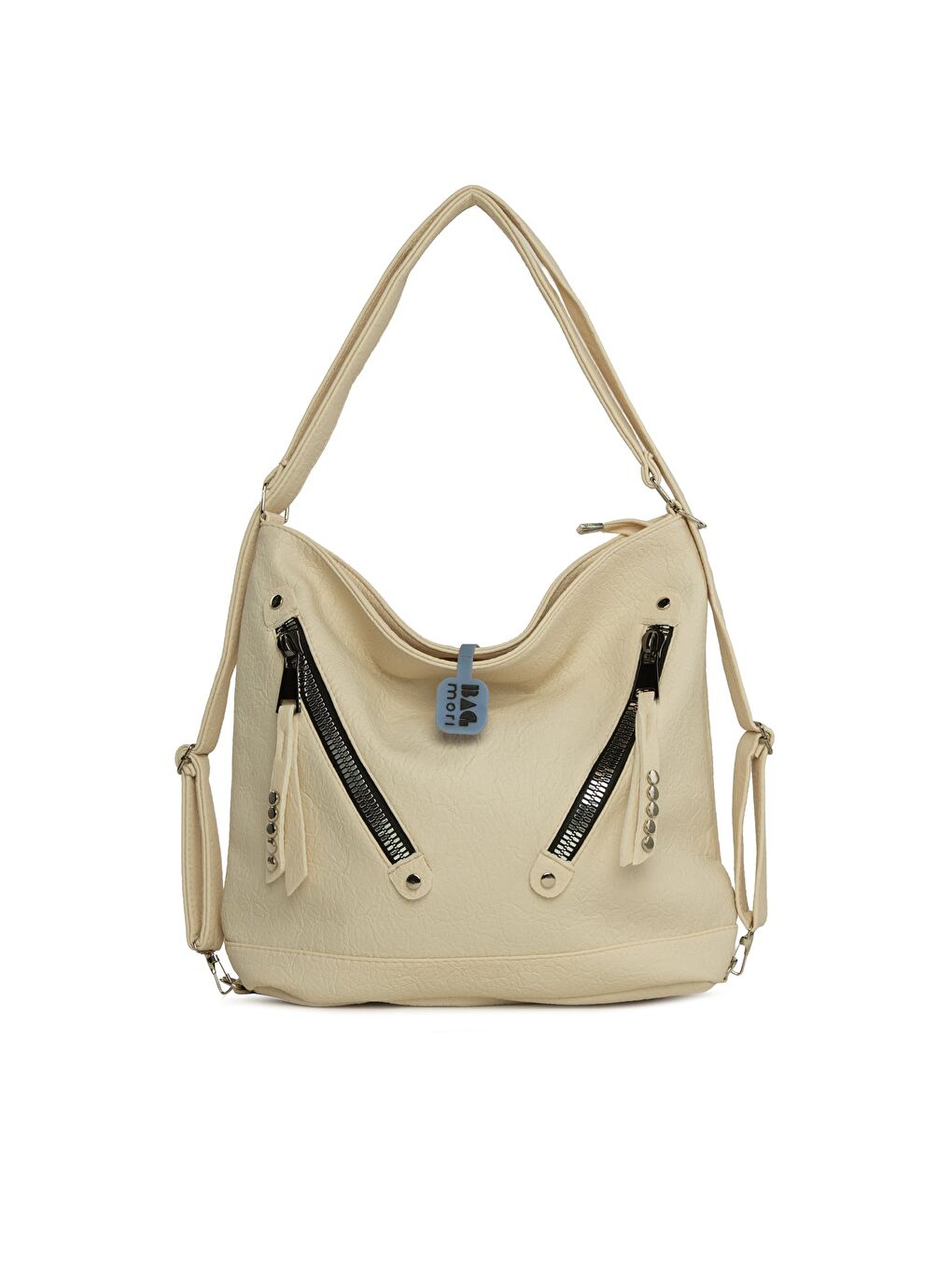 Ekru Yumuşak Dokulu Çift Çapraz Fermuarlı Askılı ve Sırt Salaş Çanta