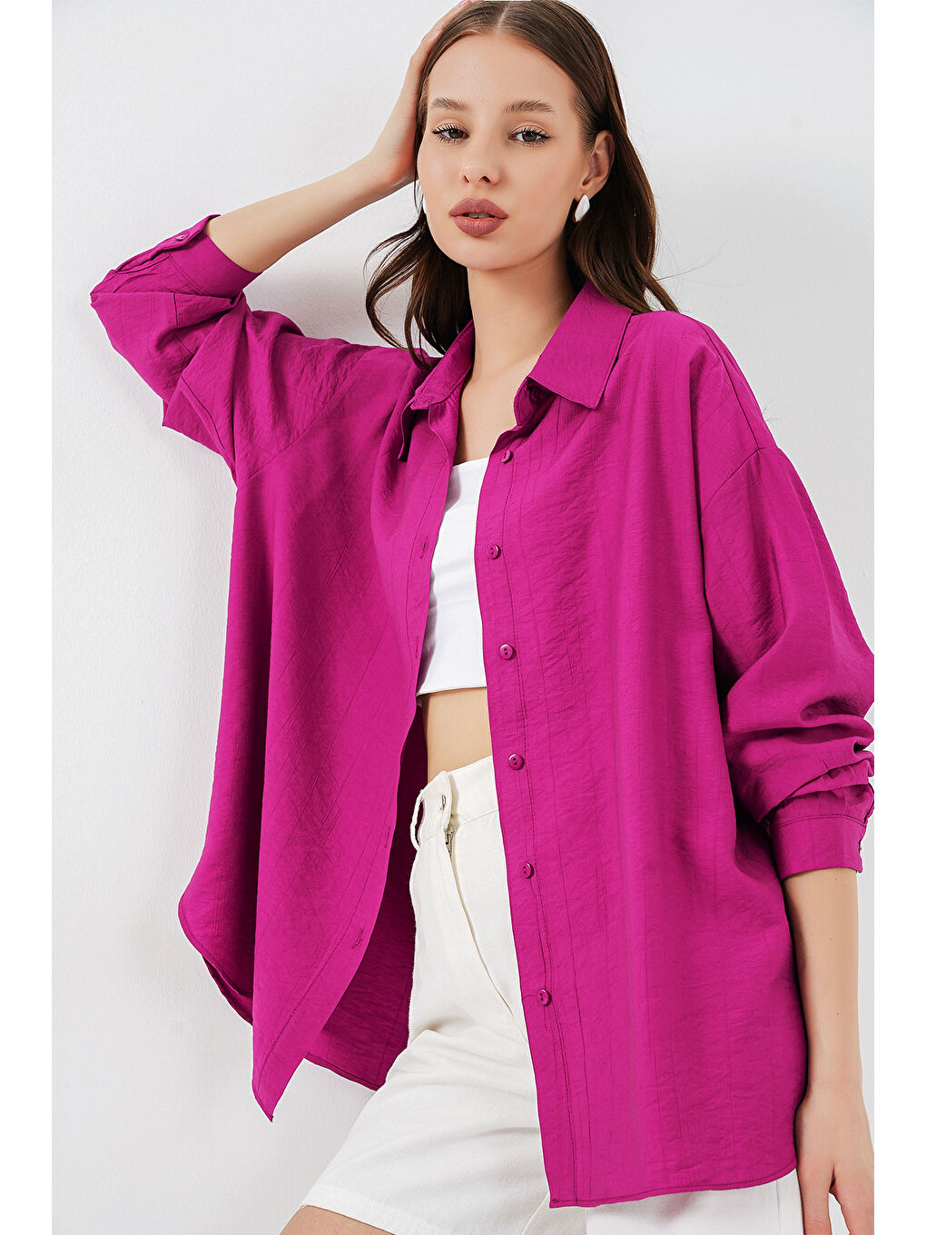 Petrol Kadın Uzun Oversize Gömlek 20334 - Koyu Pembe-2
