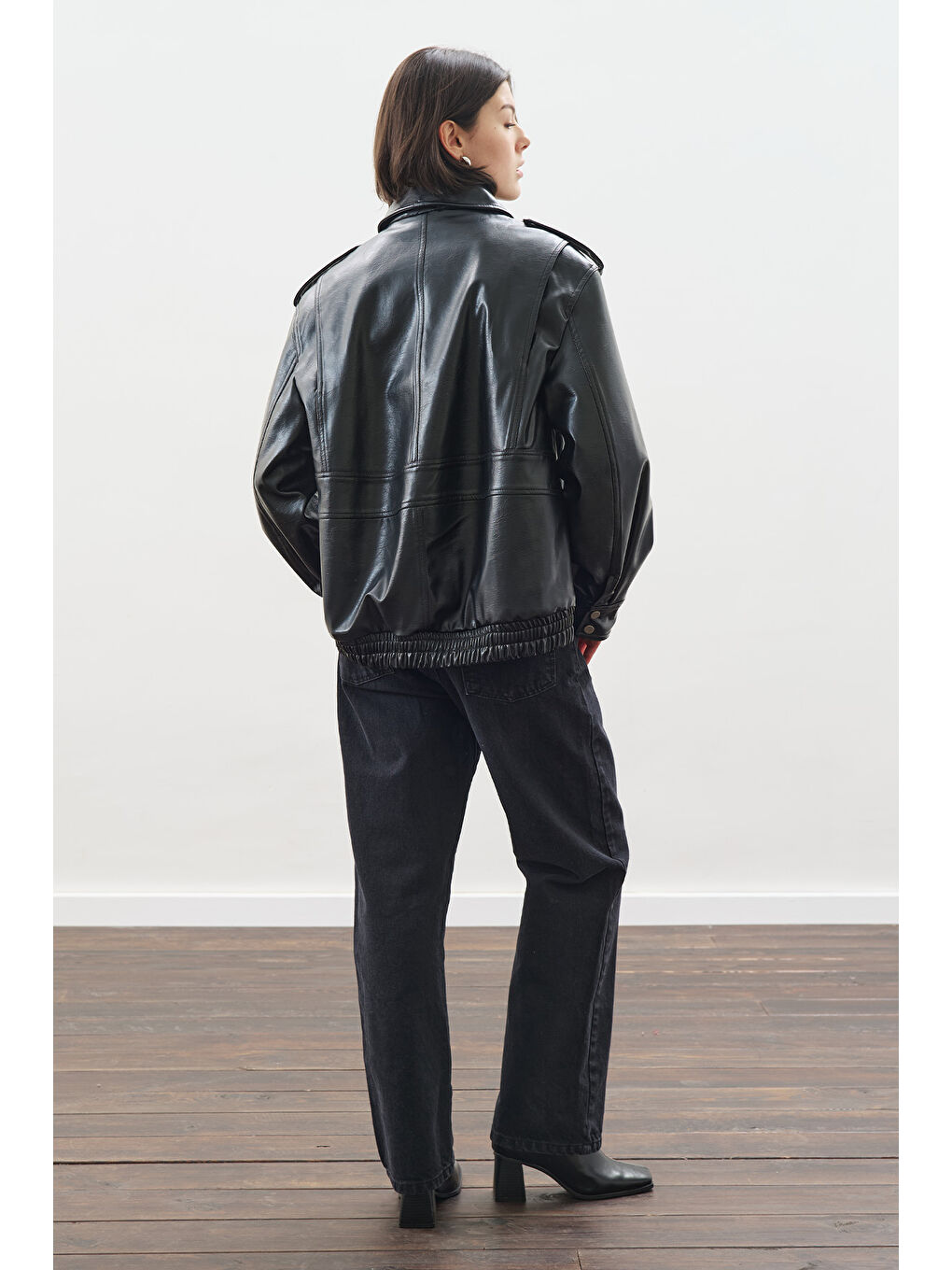 Retro Tarz Oversıze Deri Ceket Siyah-6