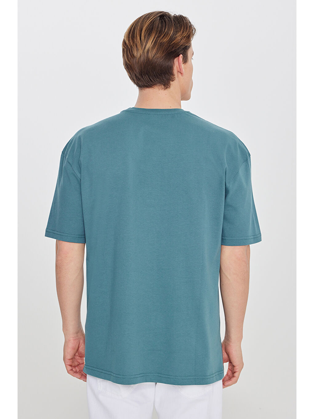 Erkek Petrol Oversize Fit Geniş Kesim Bisiklet Yaka %100 Pamuk Cepli Tişört-4