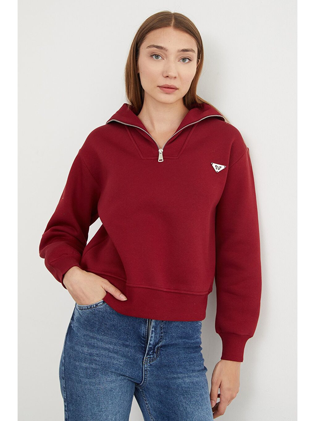 Bordo 3 İplik Üçgen Metal Armalı Sweatshirt