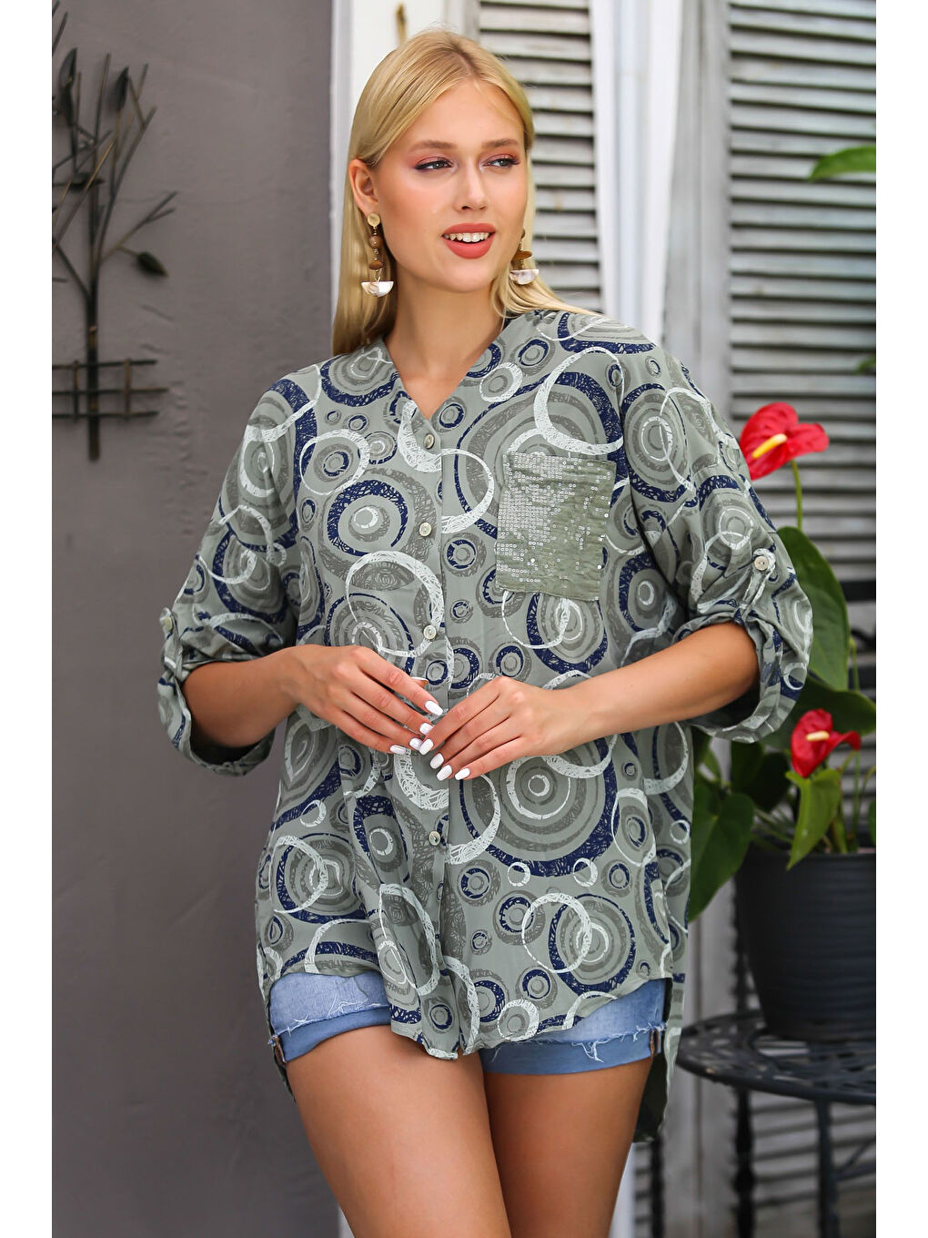 İtalyan Haki 3/4 Kol Geometrik Desenli Tek Cepli Allover Baskılı Örme Gömlek-2