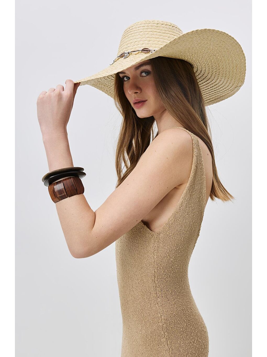 Geniş Kenar Hasır Plaj Şapkası Y25730-15 Bej-1