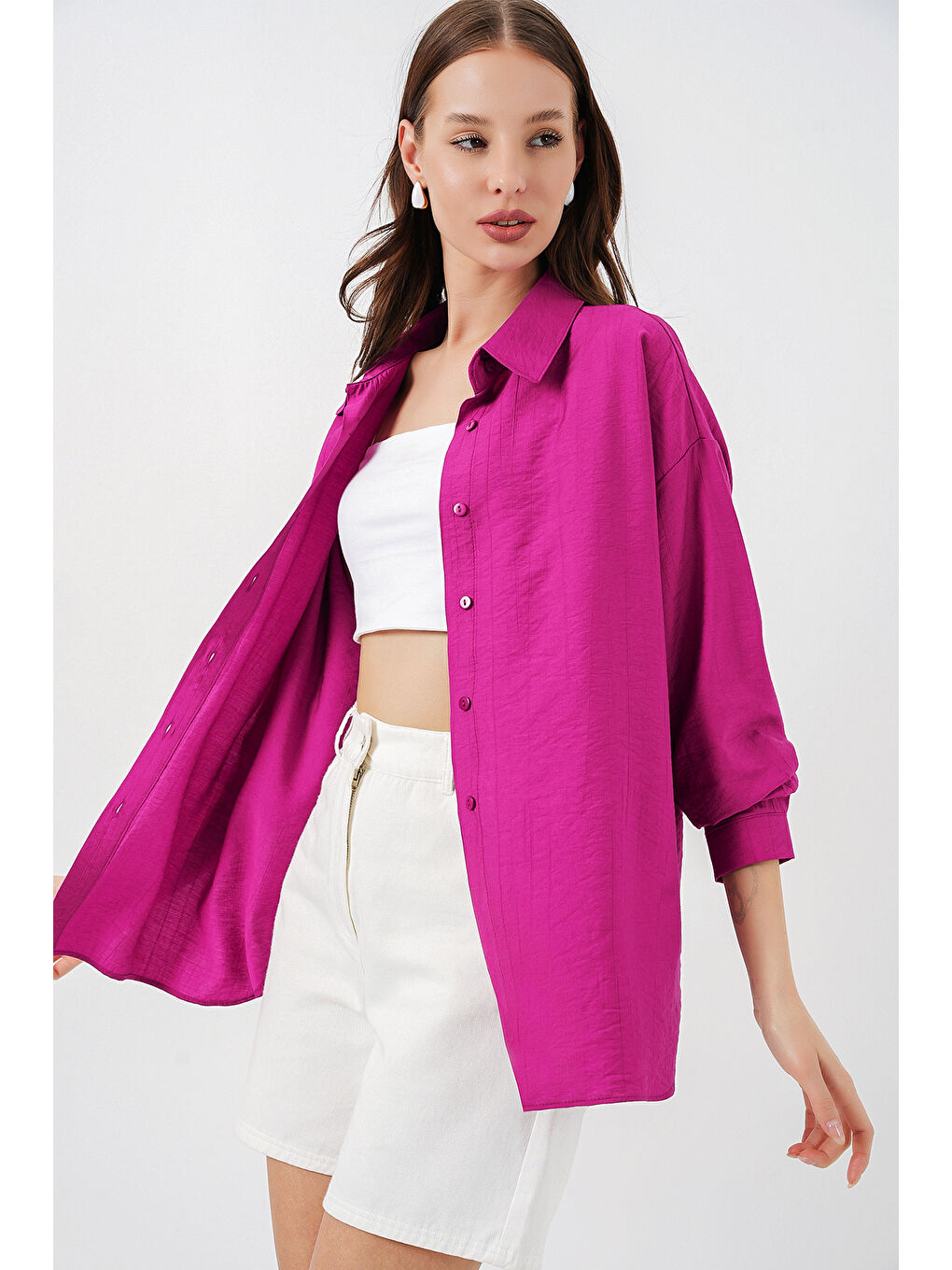 Petrol Kadın Uzun Oversize Gömlek 20334 - Koyu Pembe-3