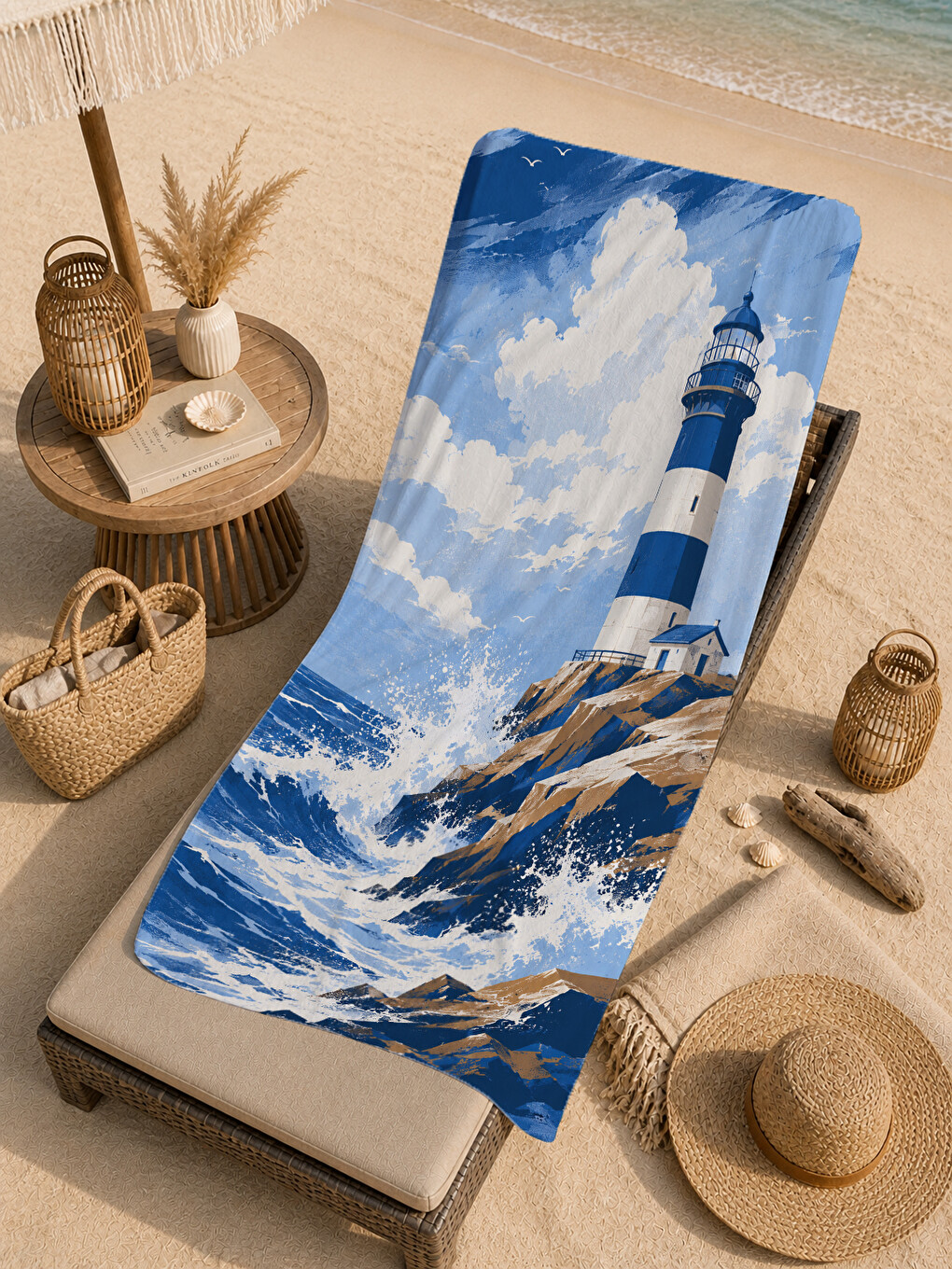 Mavi Dramatik Deniz Feneri Fırtınalı Okyanus Dalga Desenli 70x150 Plaj Havlusu - Pamuklu Banyo Havlusu-1