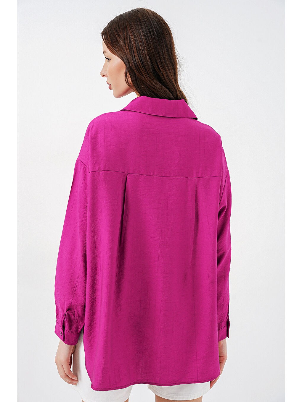 Petrol Kadın Uzun Oversize Gömlek 20334 - Koyu Pembe-5