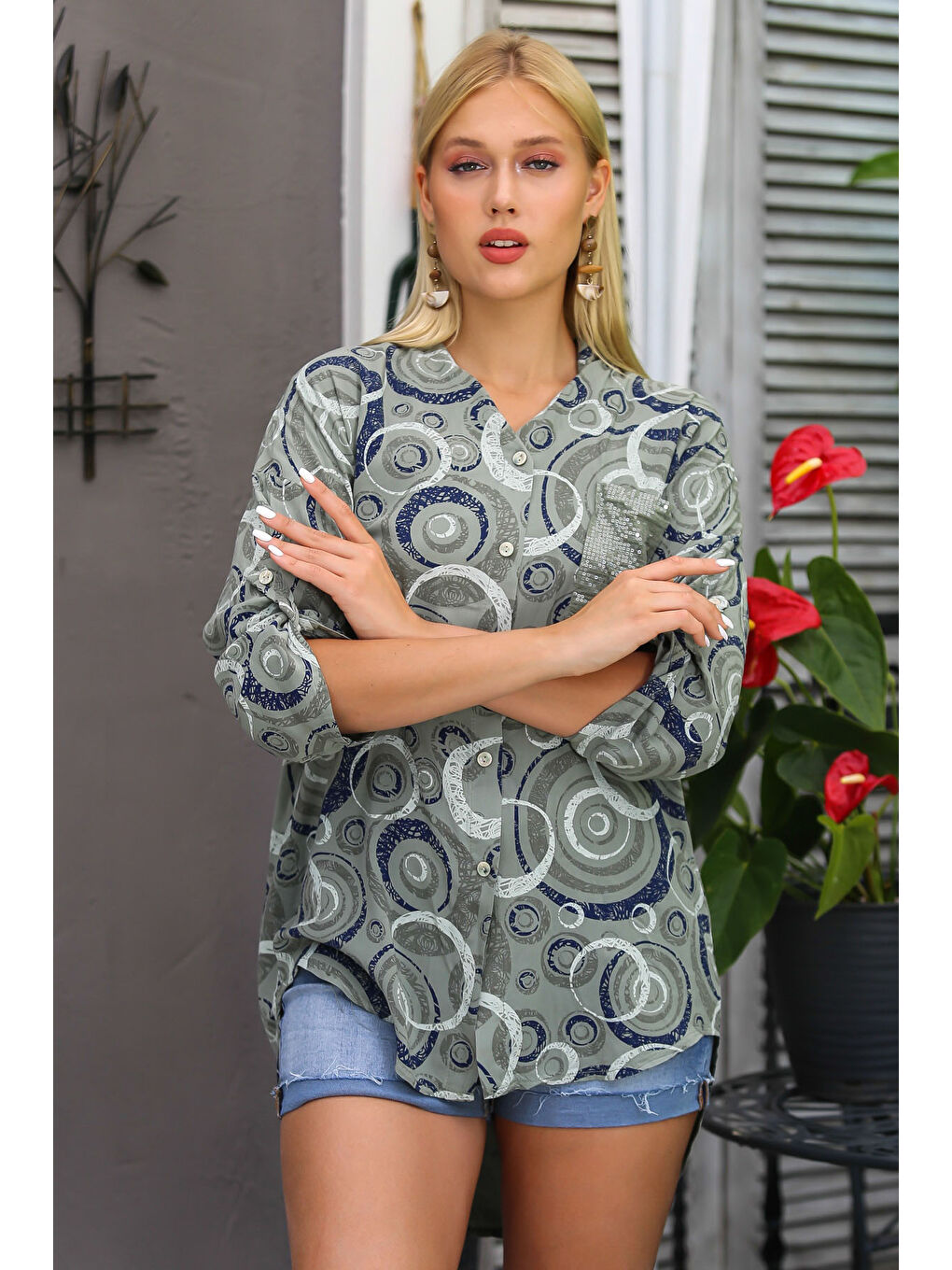 İtalyan Haki 3/4 Kol Geometrik Desenli Tek Cepli Allover Baskılı Örme Gömlek-4