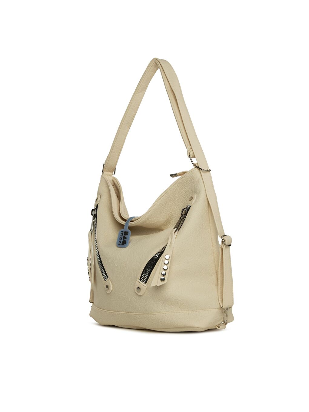 Ekru Yumuşak Dokulu Çift Çapraz Fermuarlı Askılı ve Sırt Salaş Çanta-1