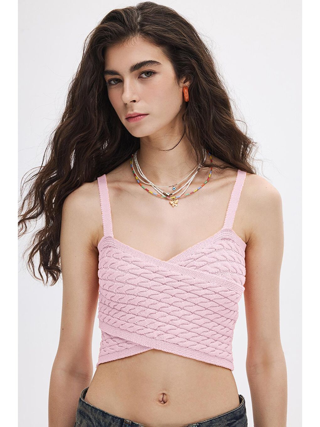 Pembe Pudra Saç Örgülü Triko Crop Top-1