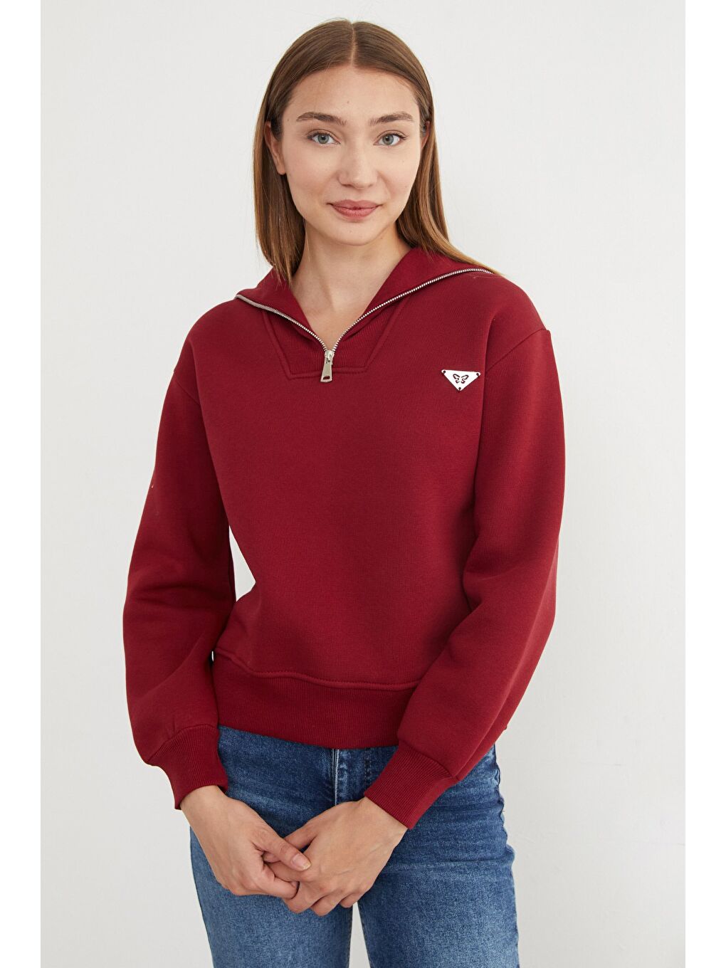 Bordo 3 İplik Üçgen Metal Armalı Sweatshirt-1