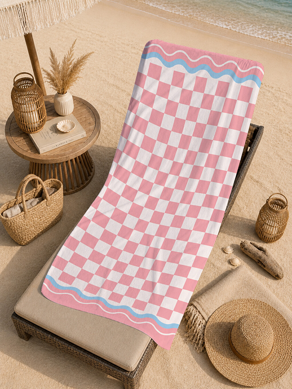 Retro Pembe Beyaz Damalı Kareli Bordürlü Desenli 70x150 Plaj Havlusu - Dijital Baskılı Banyo Havlusu-3