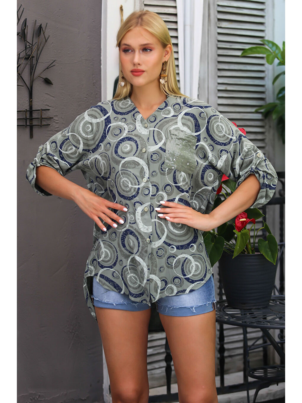 İtalyan Haki 3/4 Kol Geometrik Desenli Tek Cepli Allover Baskılı Örme Gömlek-5