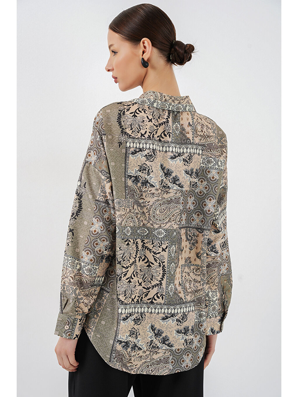 Yeşil Kadın Oversize Desenli Saten Gömlek 20365 - Çağla-4