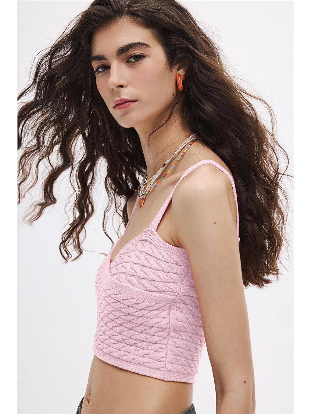 Pembe Pudra Saç Örgülü Triko Crop Top-2