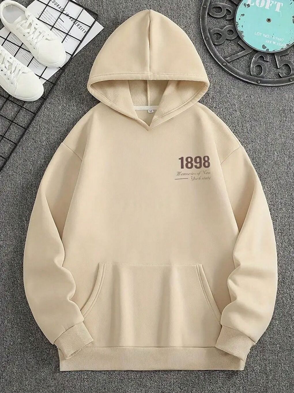Erkek Bej Brooklyn 1898 El Baskılı Oversize Kapüşonlu Sweatshirt