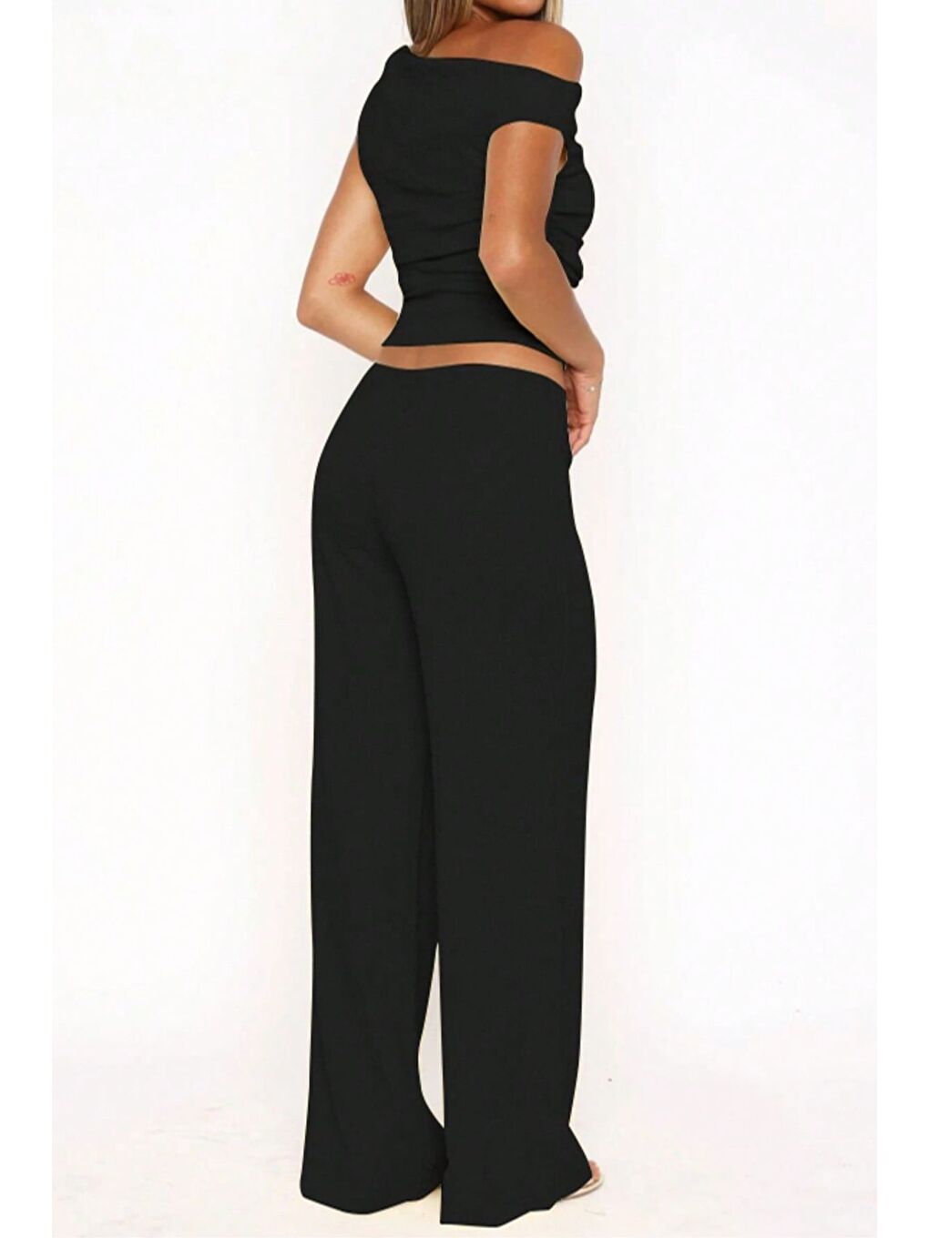 Siyah Tek Omuz Detay Büzgülü Bluz Pantolon Örme Bürümcük Takım-3